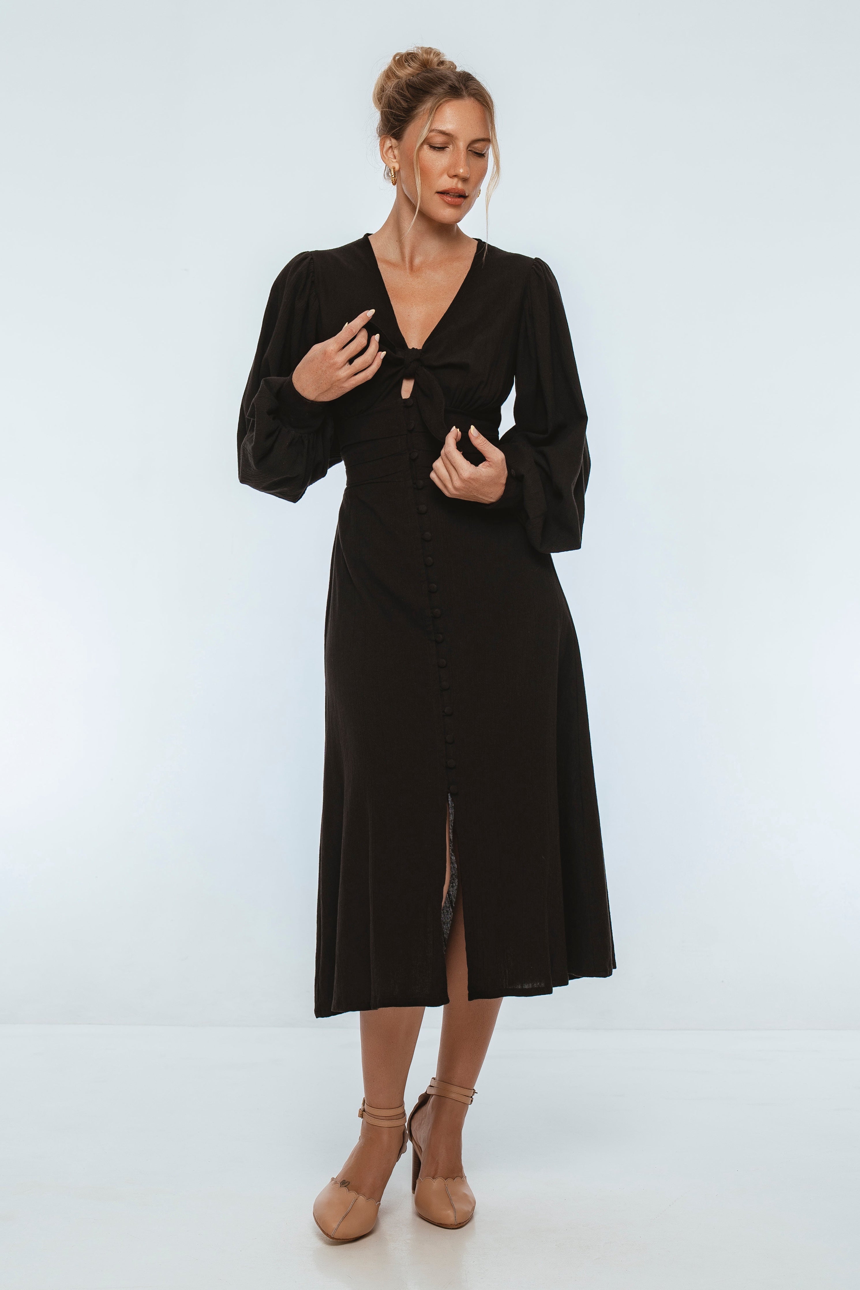 Velvet Sky Long Sleeve Linen Midi Dress