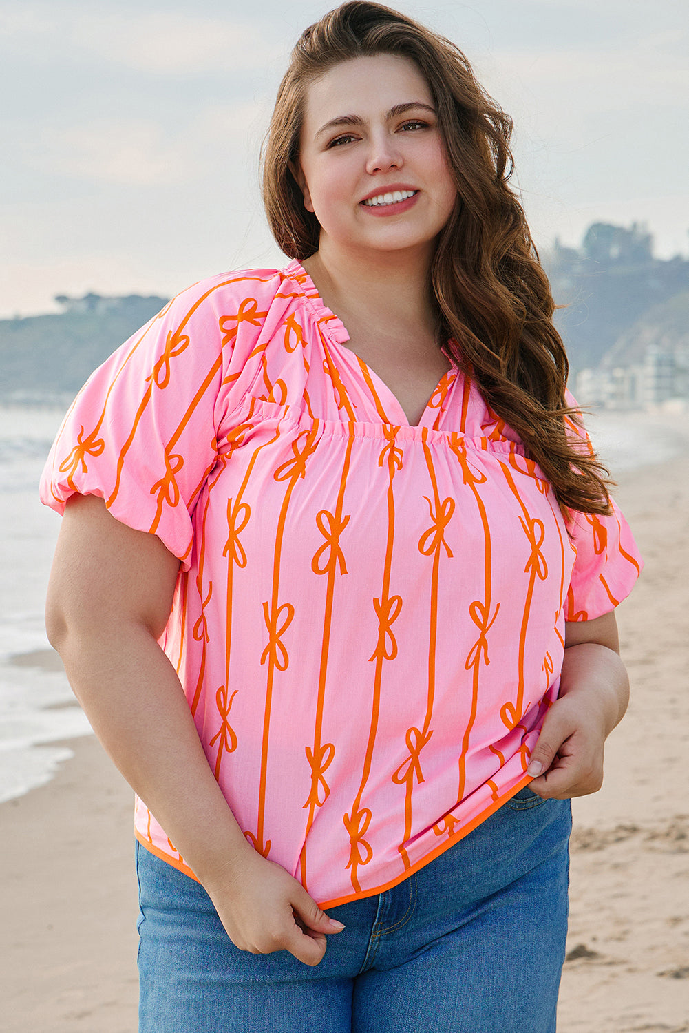 Sydney Plus Size Bowknot V Neck Blouse - Threaded Pear