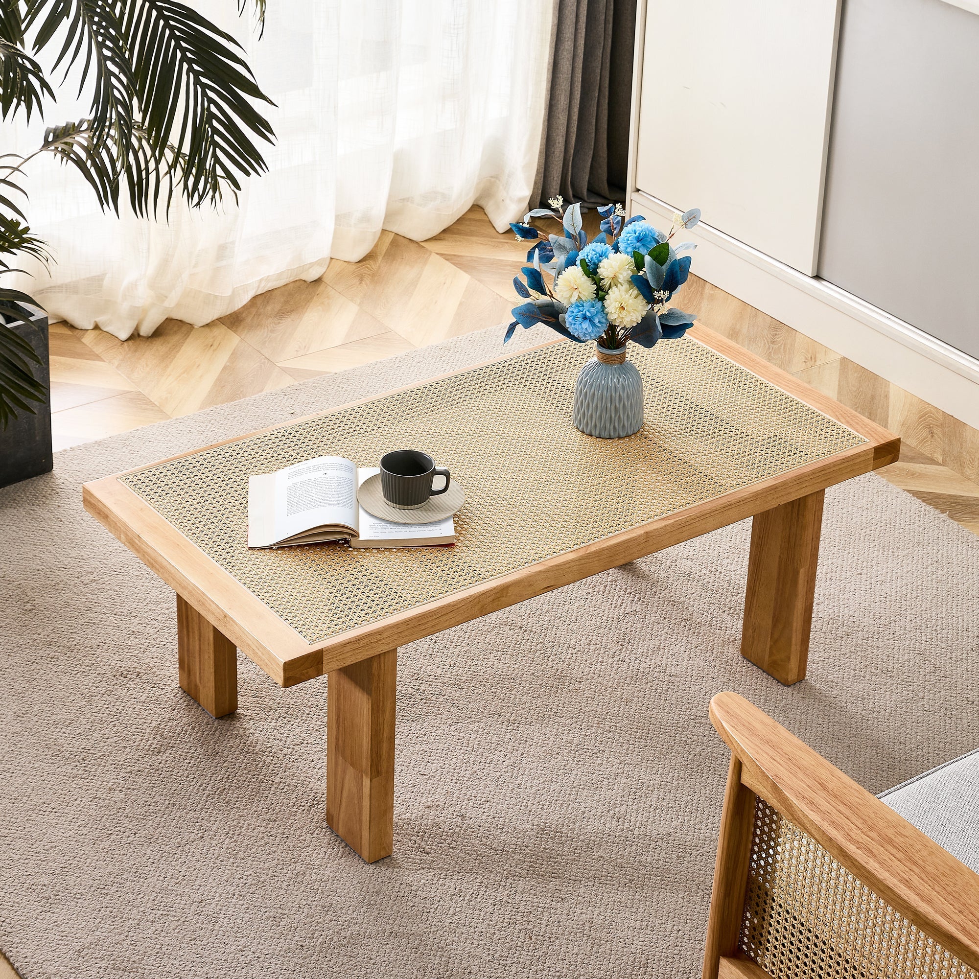 Modern Minimalist Rectangular Rattan Tabletop Coffee Table