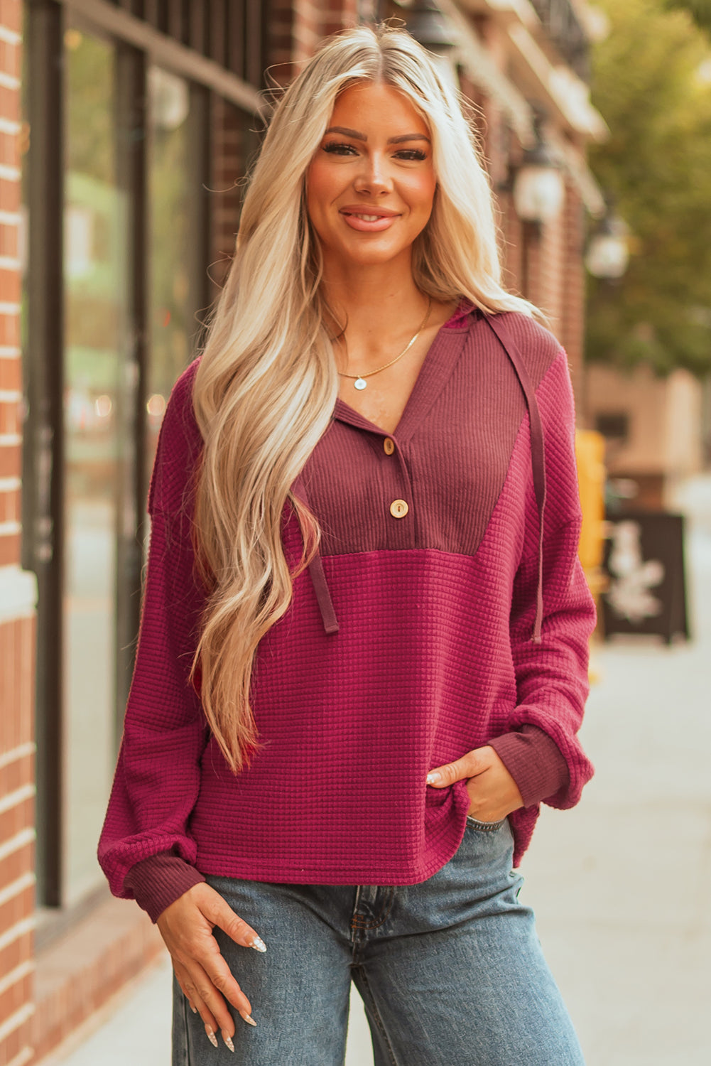 River Waffle Hooded Long Sleeve Top - Threaded Pear