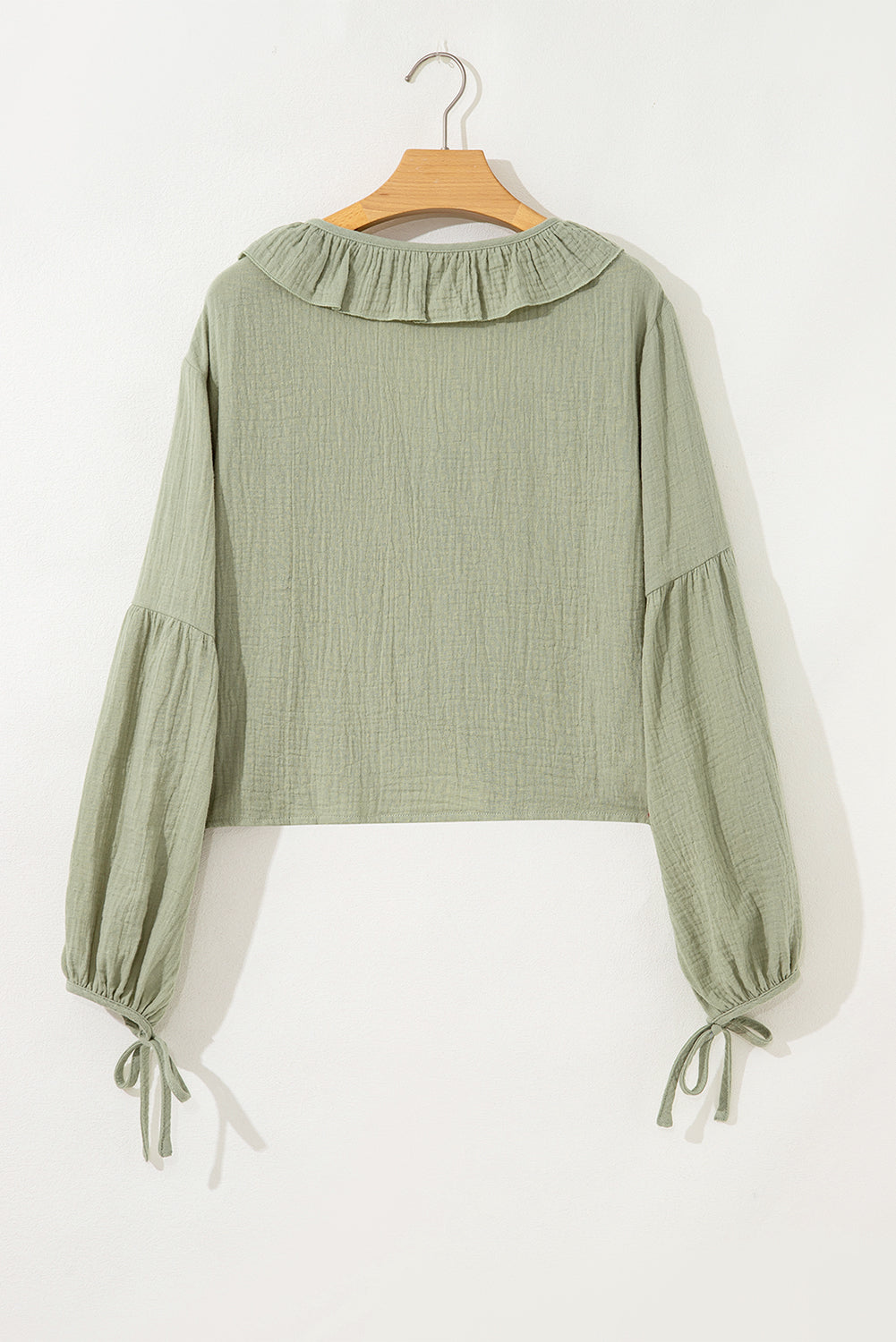 Natalia Bow Tie Front Ruffle Trim Long Sleeve Gauze Blouse - Threaded Pear