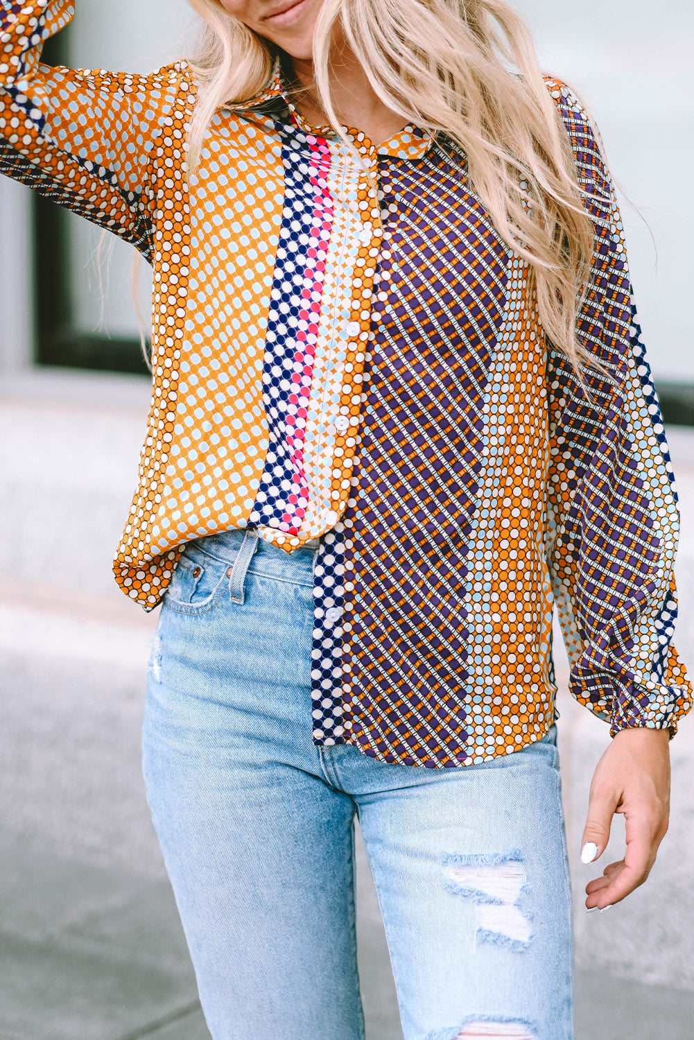 Brown Dot Print Long Sleeve Button Down Shift PLUS Shirt by Threaded Pear