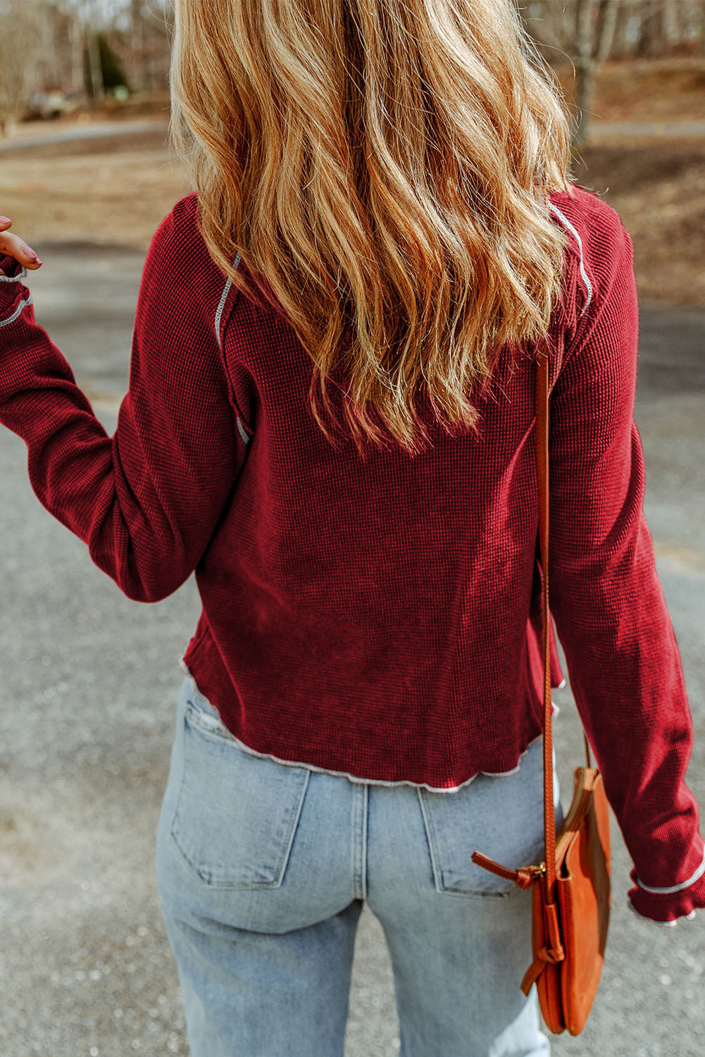 Daisy Textured Round Neck Long Sleeve Top - Threaded Pear