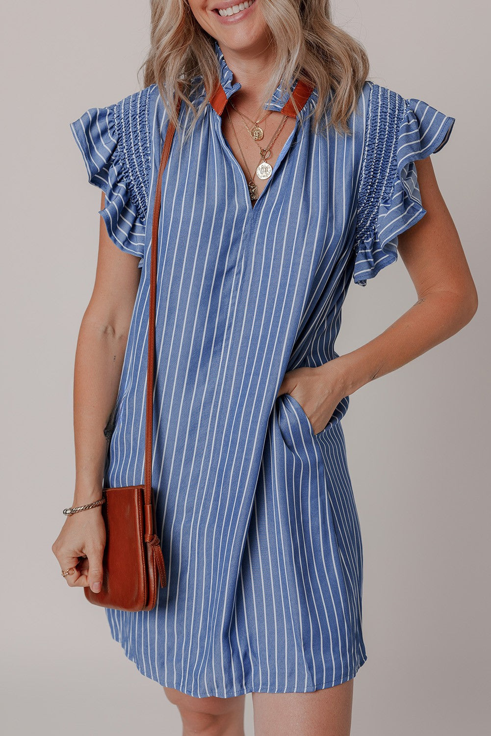 Leah Stripe Frilly Split Neck Shirred Ruffle Sleeve Dress - Threaded Pear