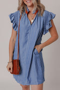Leah Stripe Frilly Split Neck Shirred Ruffle Sleeve Dress - Threaded Pear