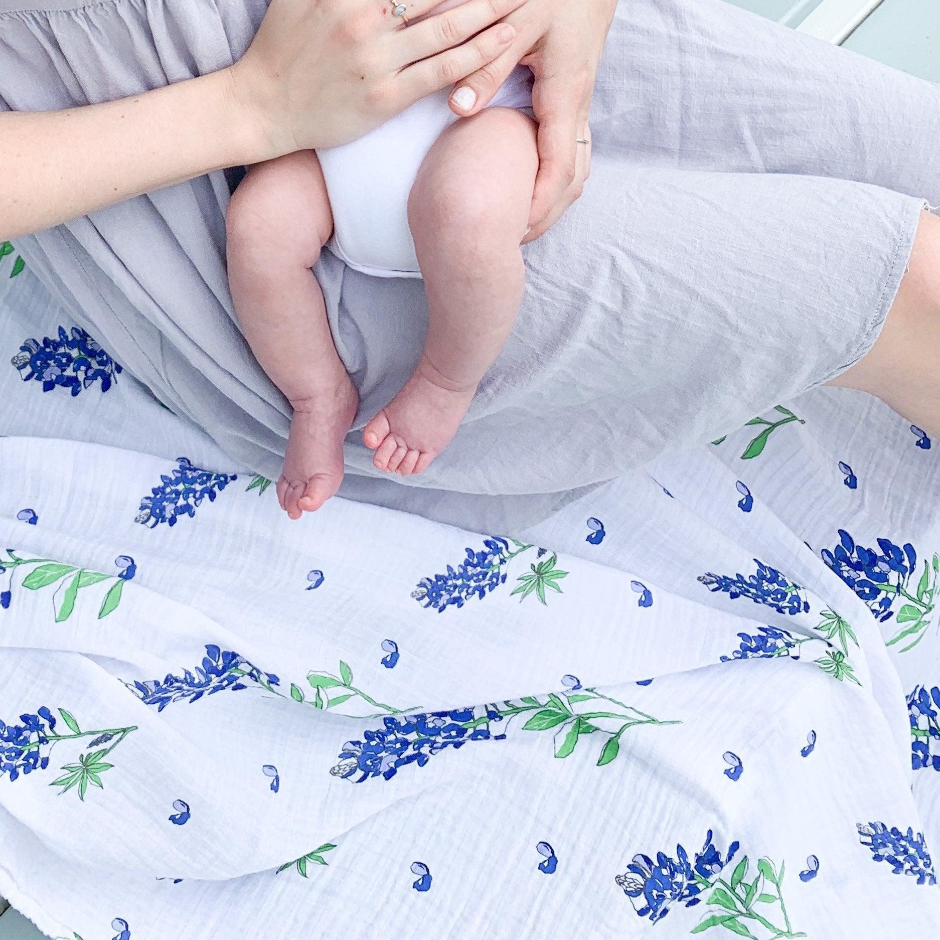 Gift Set: Bluebonnets Baby Muslin Swaddle Blanket and Burp Cloth/Bib Combo