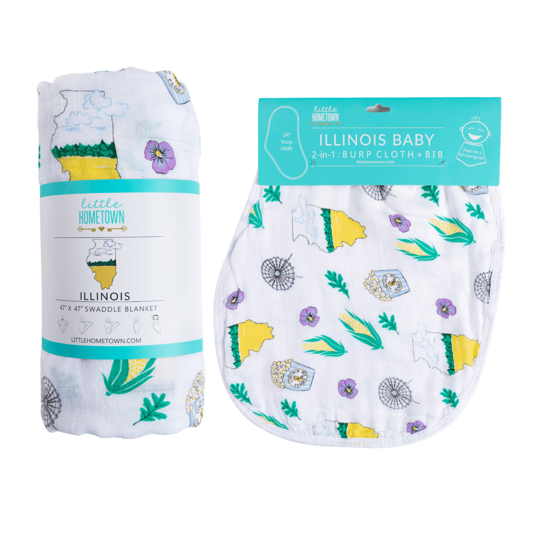 Gift Set: Illinois Baby Muslin Swaddle Blanket and Burp Cloth/Bib Combo