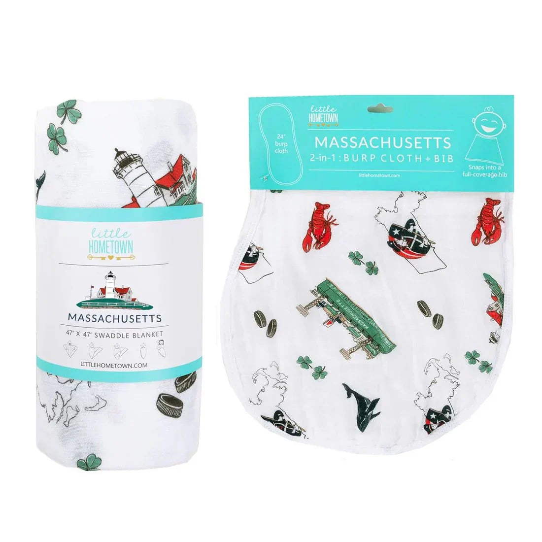 Gift Set: Massachusetts Baby Muslin Swaddle Blanket and Burp Cloth/Bib Combo
