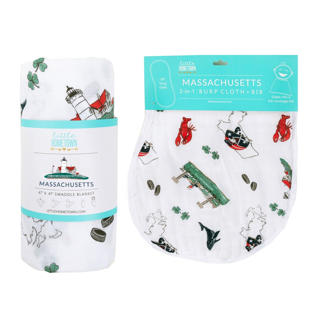 Gift Set: Massachusetts Baby Muslin Swaddle Blanket and Burp Cloth/Bib Combo
