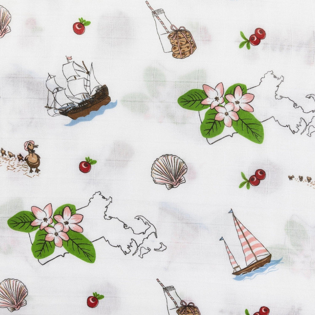 Gift Set: Massachusetts Floral Baby Muslin Swaddle Blanket and Burp Cloth/Bib Combo