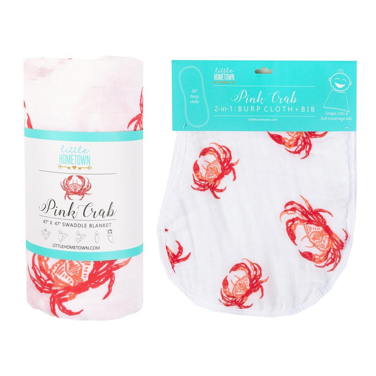Gift Set: Pink Crab Baby Muslin Swaddle Blanket and Burp Cloth/Bib Combo
