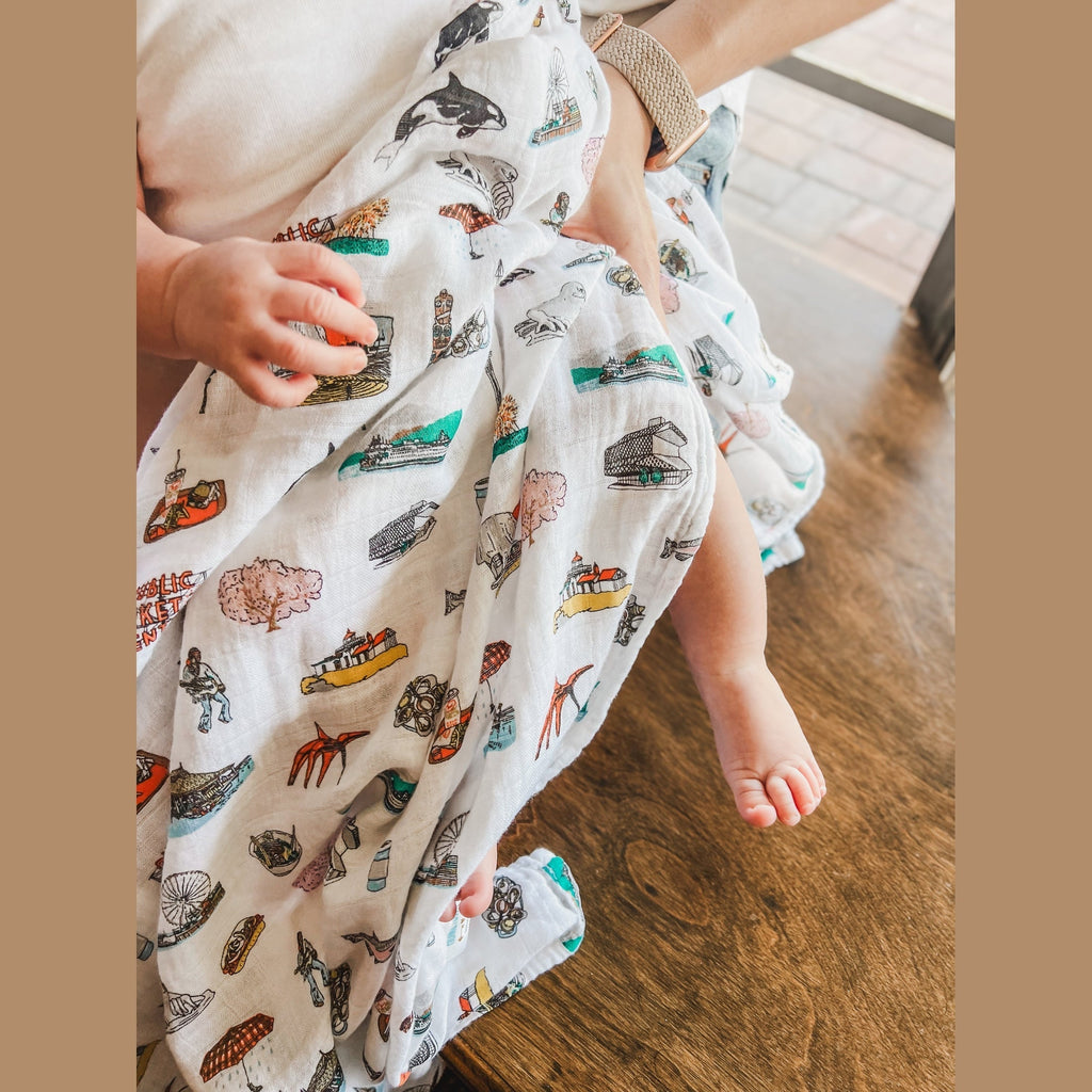 Gift Set: Seattle Baby Muslin Swaddle Blanket and Burp Cloth/Bib Combo