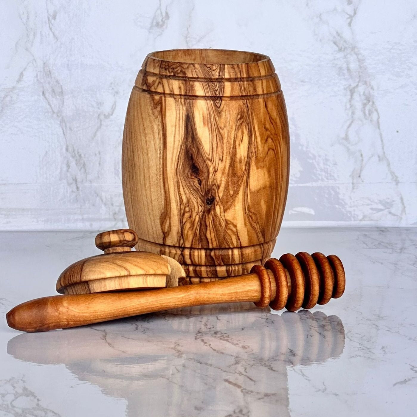 Olive Wood Honey Pot W/Honey Dipper