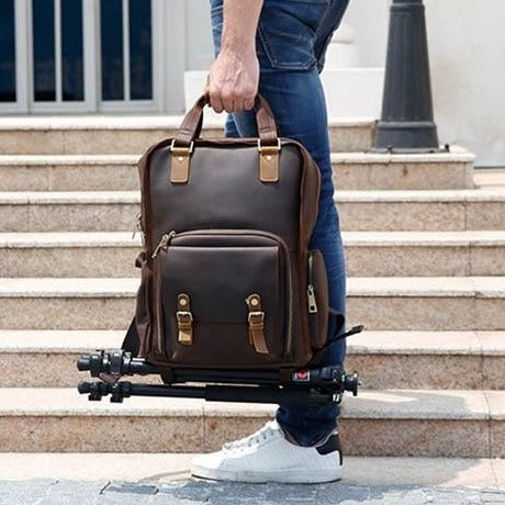 The Gaetano | Large Leather Backpack Camera Bag With Tripod Holder