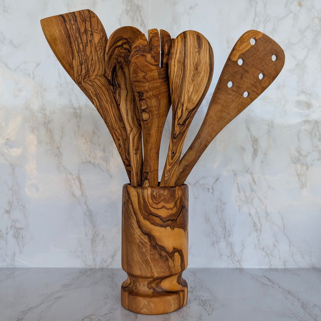 Olive Wood Kitchen Servers Set W/Holder -6 Pcs