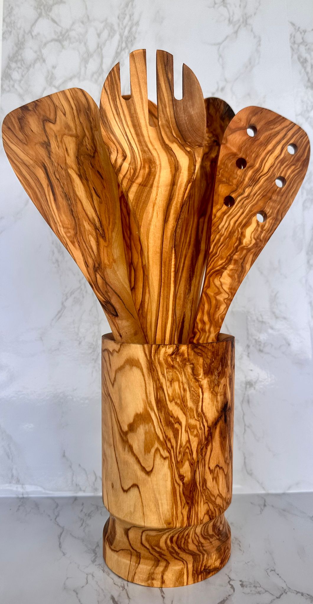 Olive Wood Kitchen Servers Set W/Holder -6 Pcs